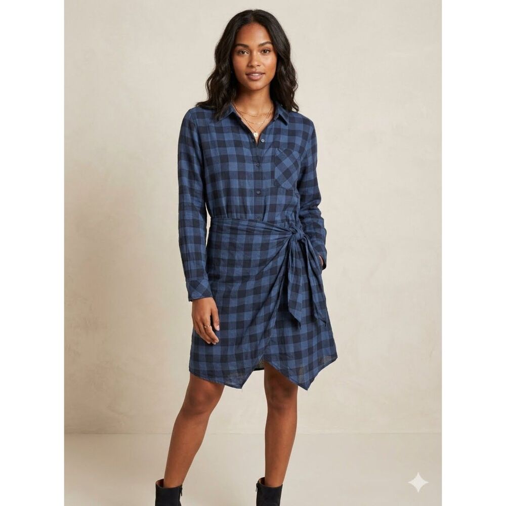 Sanctuary Shirt Dress Women's M Blue Plaid Faux Wrap Side Tie Linen Mini Dress